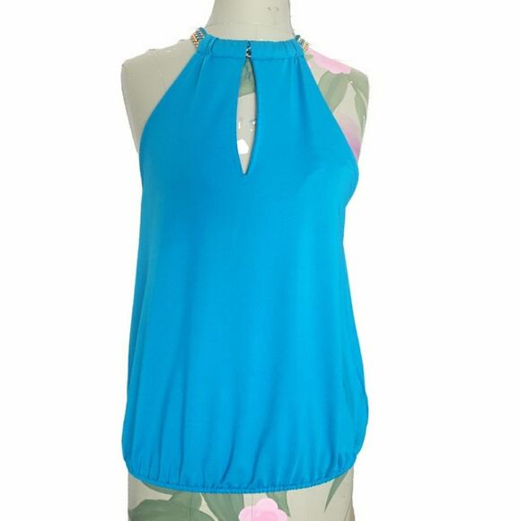 GUESS- A turquoise blue halter top with a keyhole neckline and gold chain straps - Picture 6 of 8